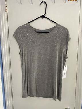 Calvin Klein Grey Heather Short Sleeve Rhinestone Embellished Top